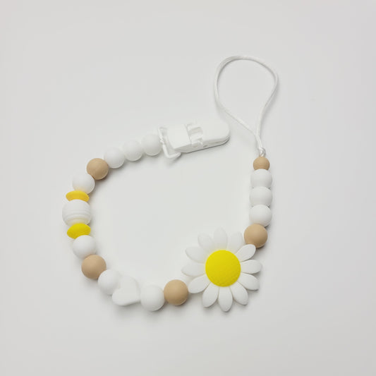 Silicone pacifier clip - White flower and white and beige balls
