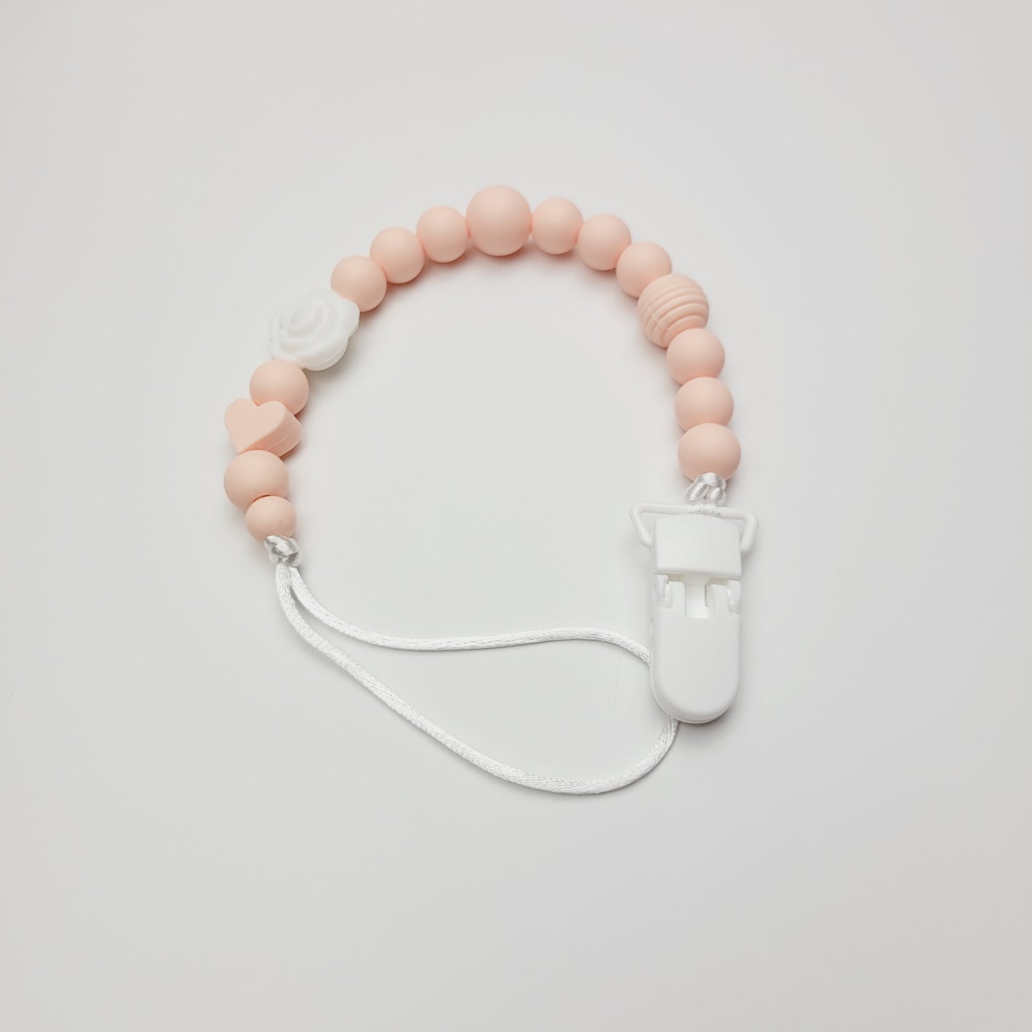 Silicone pacifier clip - White flower and pink beads