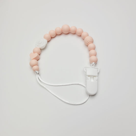 Silicone pacifier clip - White flower and pink beads