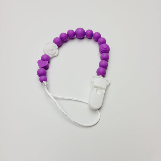 Silicone pacifier clip - White flower and purple balls