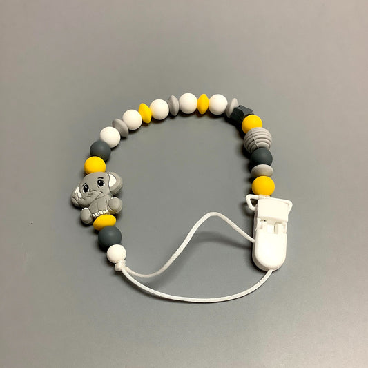 Silicone pacifier clip - Gray elephant with yellow balls