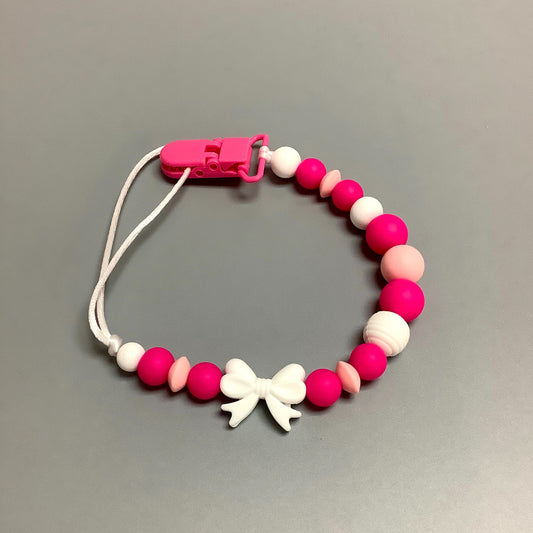 Silicone pacifier clip - White loop and pink beads