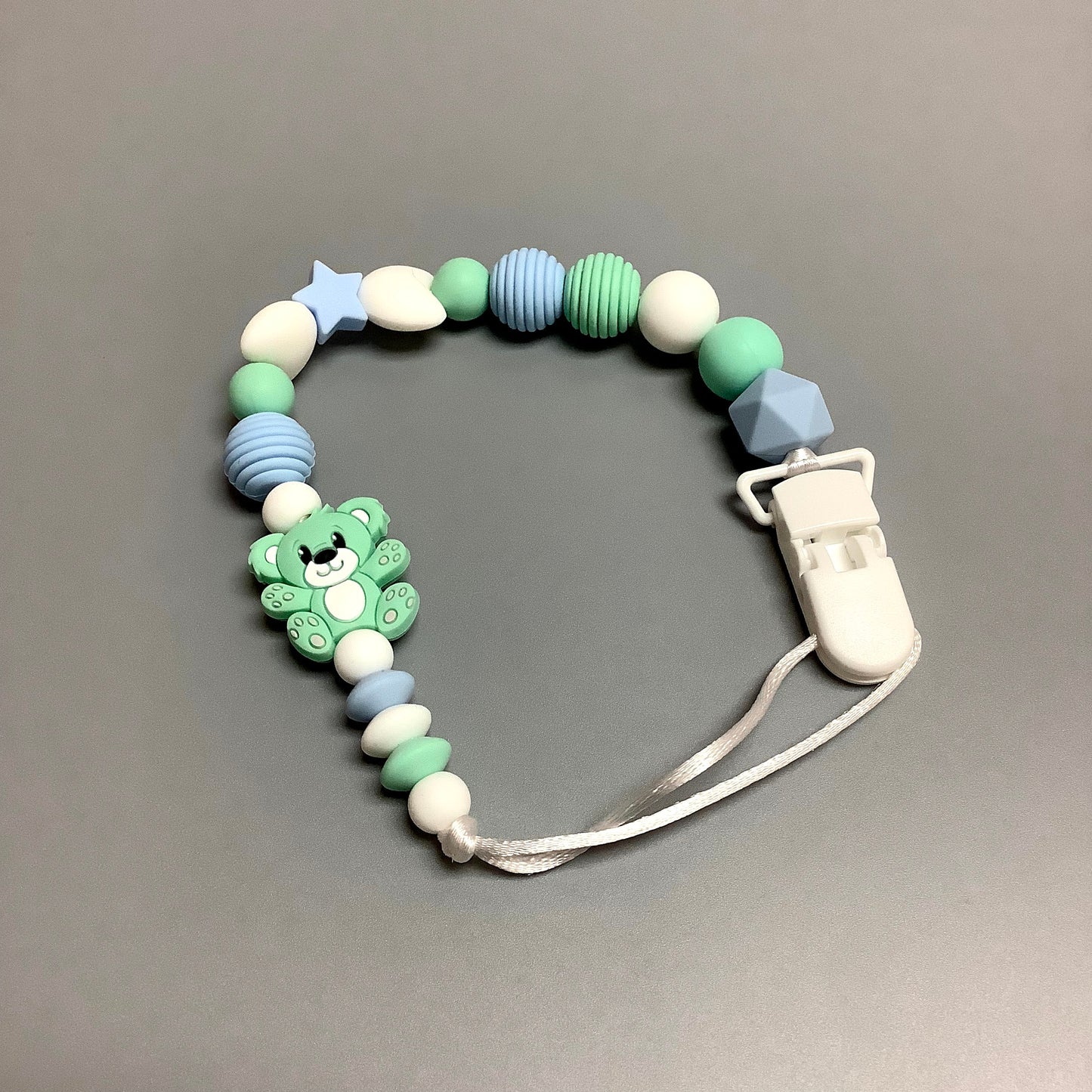 Silicone pacifier clip - Mint green bear and blue beads