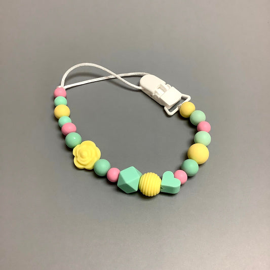 Silicone pacifier clip - Yellow flower and pink and turquoise beads