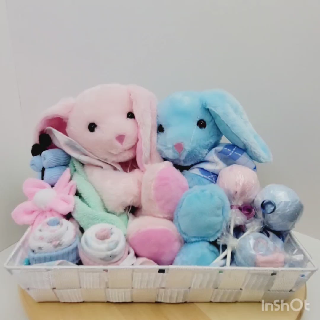 Vidéo 360 de l'Ensemble cadeau pour babyshower pour des jumeaux. Panier cadeau blanc contenant 2 toutous de lapin rose et bleu avec des bas en suçon, des cupecakes et papillons en débarbouillette. Compléter de 2 couverture en flanelle.