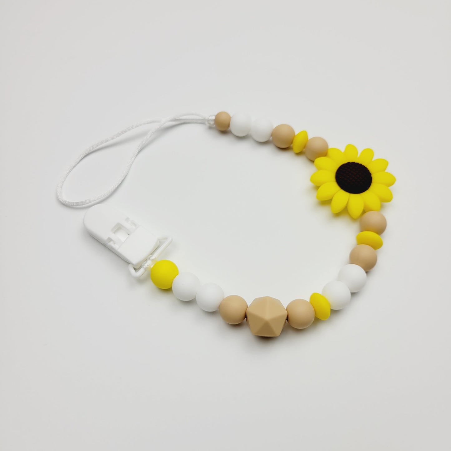 Silicone pacifier clip - Daisy and beige beads