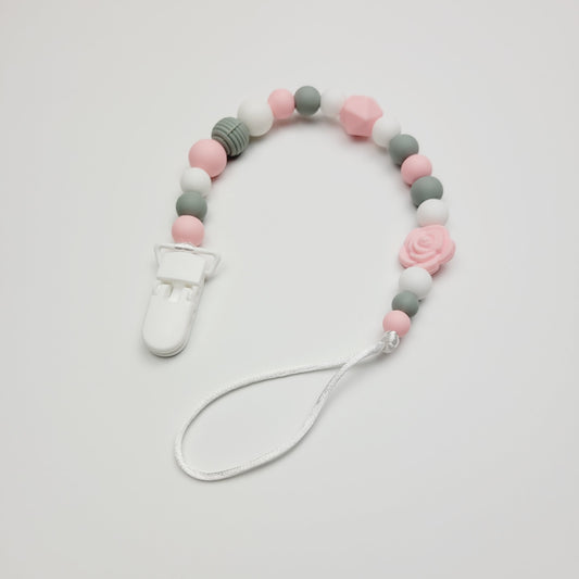 Silicone pacifier clip - Pink flower and gray and white beads