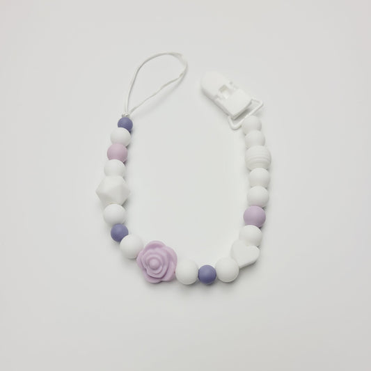Silicone pacifier clip - Purple flower and white beads