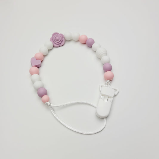 Silicone pacifier clip - Purple flower and pink and white beads
