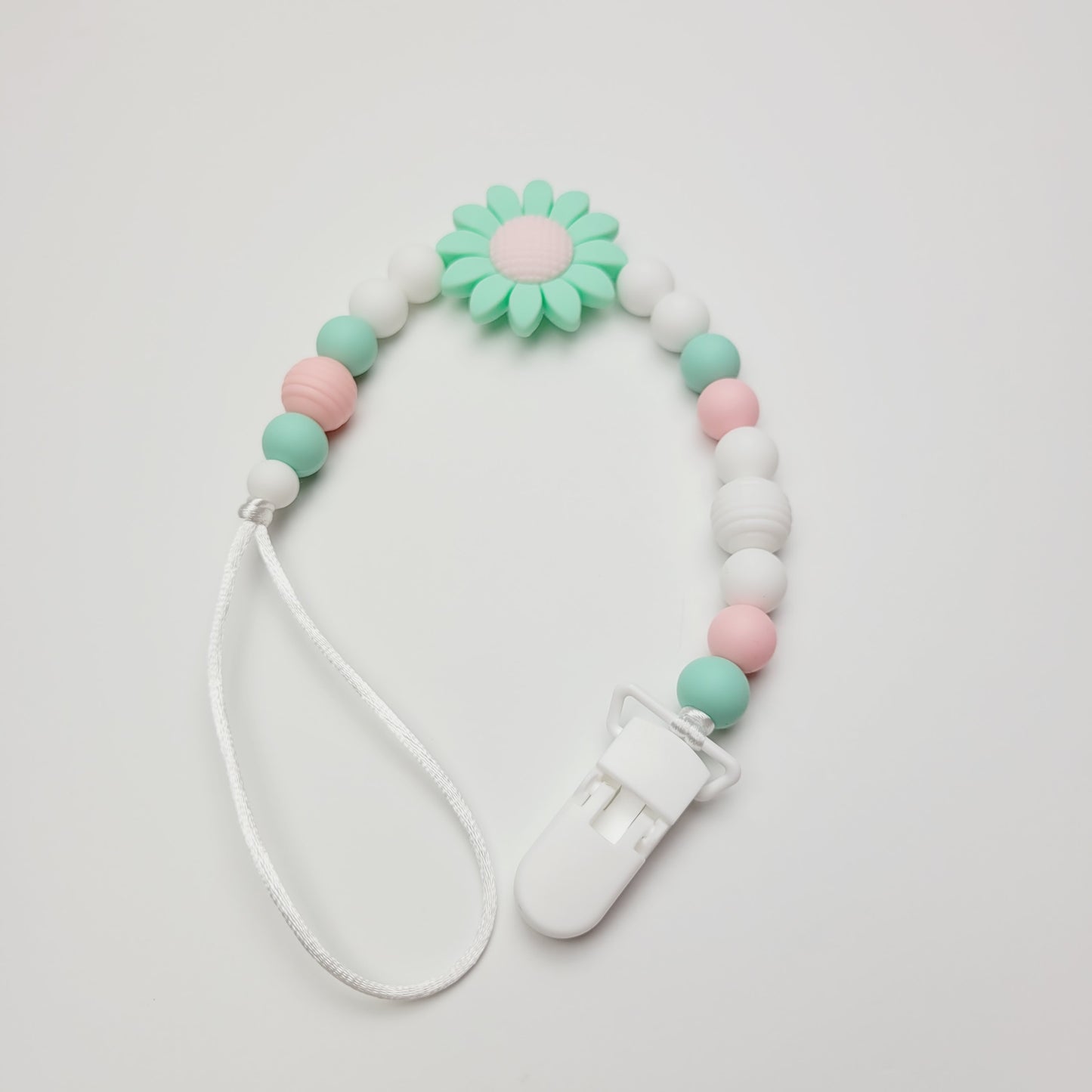 Silicone pacifier clip - Green flower and white and pink beads
