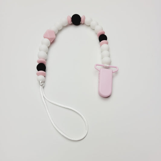 Silicone pacifier clip - White, pink and black