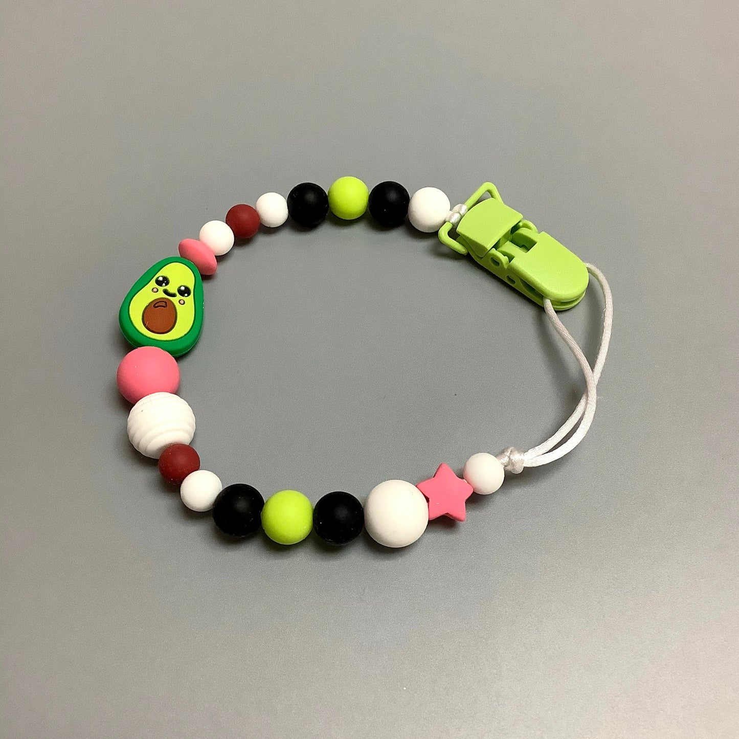Silicone pacifier clip - Avocado and green, pink and black beads