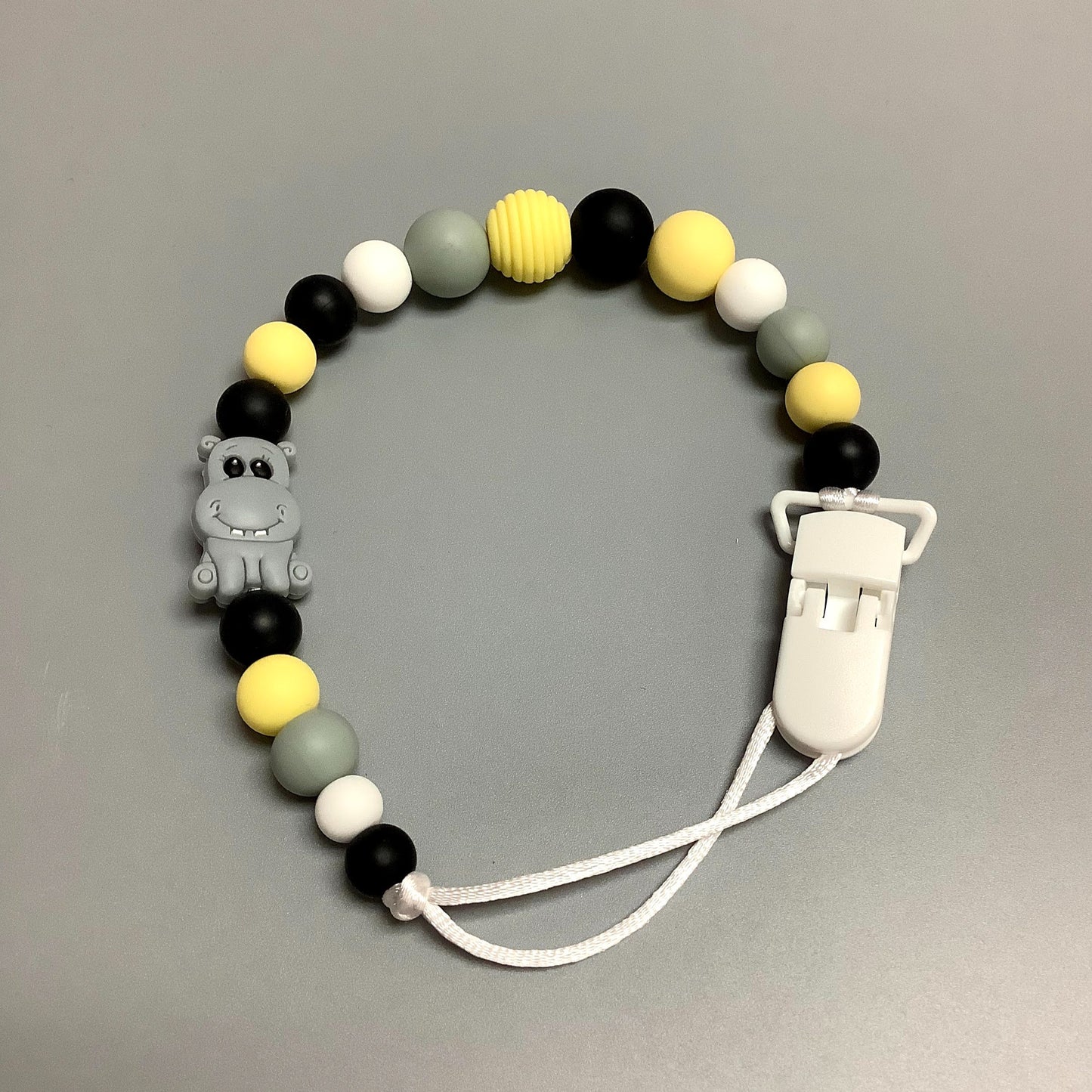 Silicone pacifier clip - Gray elephant and yellow beads