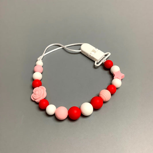 Silicone pacifier clip - Pink flower and red beads