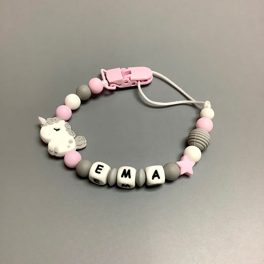 Silicone pacifier clip - Unicorn with the name Ema