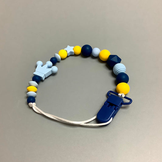 Silicone pacifier clip - Blue crown with navy and yellow beads
