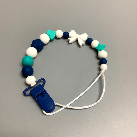 Silicone pacifier clip - White loop and navy and turquoise beads