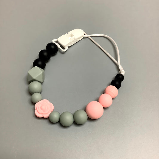 Silicone pacifier clip - Pink flower and gray beads