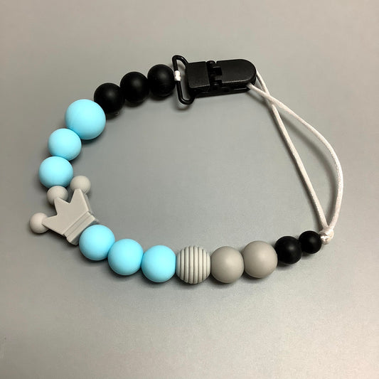 Silicone pacifier clip - Gray crown and blue beads