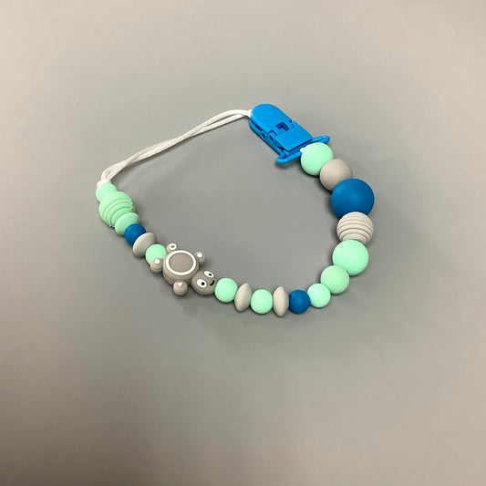 Silicone pacifier clip - Gray turtle and blue and turquoise beads
