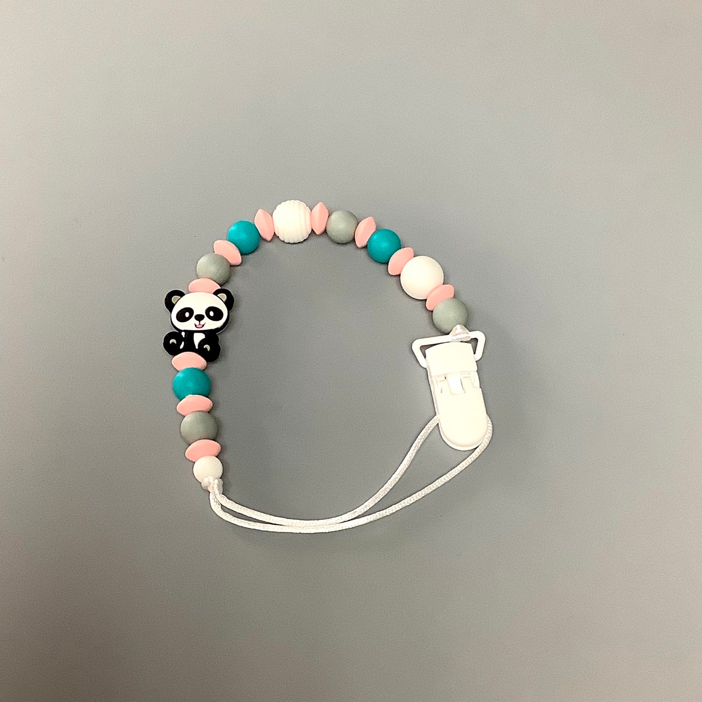 Silicone pacifier clip - Panda and pink, turquoise and gray beads