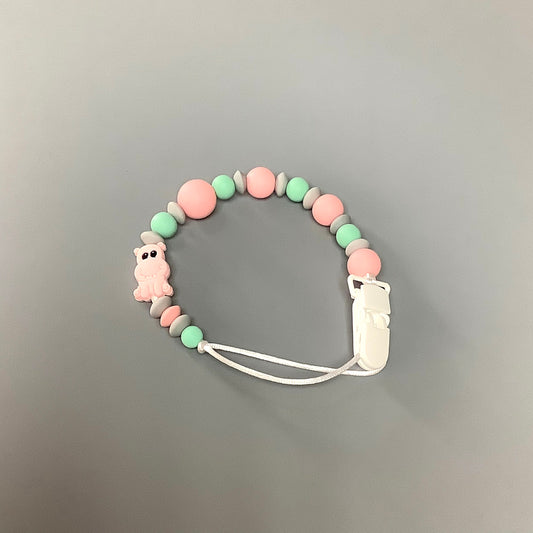 Silicone pacifier clip - Pink hippo and turquoise beads