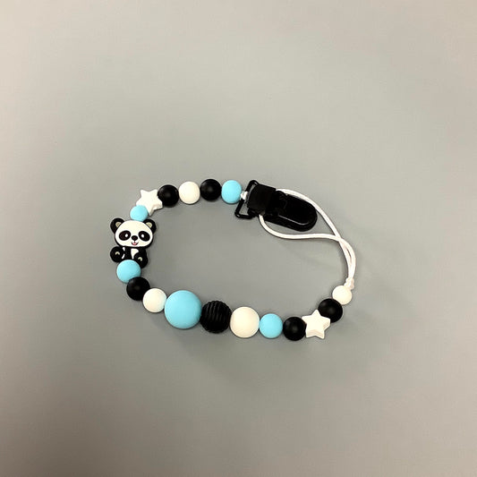 Silicone pacifier clip - Panda and blue and black beads