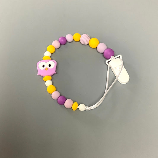 Silicone pacifier clip - Pink owl with yellow and purple balls