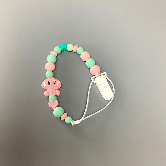 Silicone pacifier clip - Pink elephant and turquoise beads