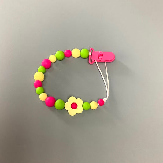 Silicone pacifier clip - Yellow flower and pink beads